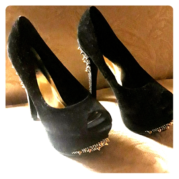 Black Spiked Peep Toe Suede Pump - Picture 1 of 3